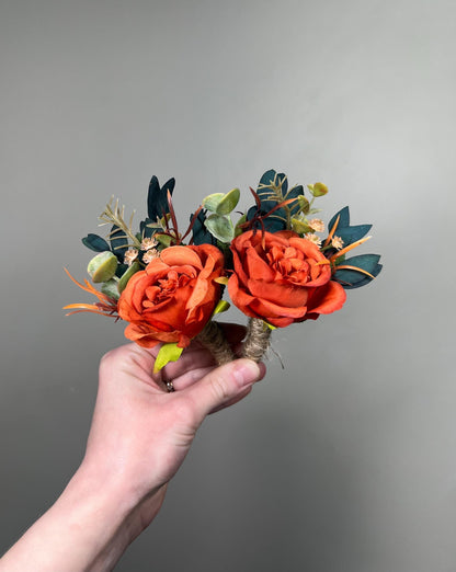 Burnt Orange Boutonnière, Wedding Groom Terracotta Teal Blue Flower, Groomsmen Rust Dark Teal Buttonhole, Lapel Men Flower