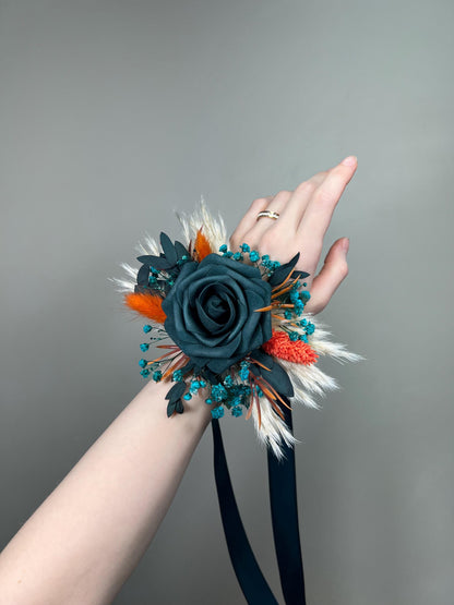 Dark Teal Corsage, Wedding Teal Blue Wrist Corsage, Bridesmaids Terracotta Boho Corsage Pampas Grass Reddit
