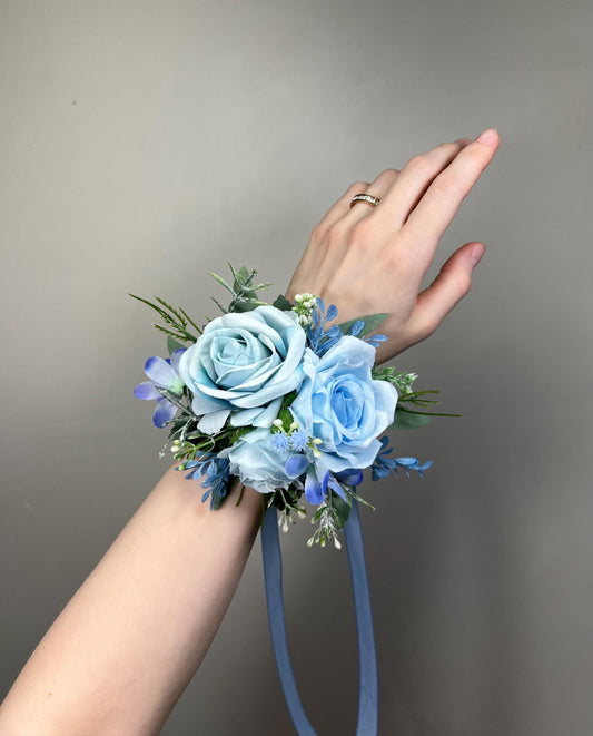 Light Blue Corsage, Wedding Blue Rose Wrist Corsage, Rustic Dusty Blue Bridesmaids Corsage