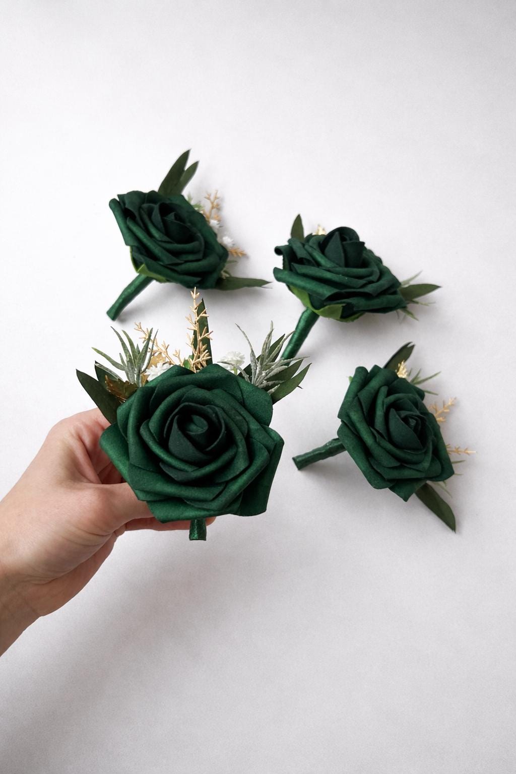 Emerald Green Corsage Wedding White Hunter Green Gold Wrist Corsage Bridesmaids Eucalyptus Dark Greenery Prom Corsage Artificial Flowers