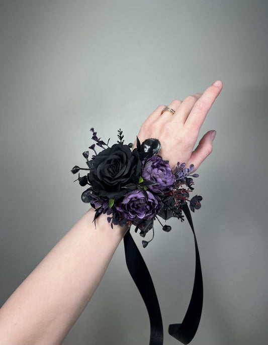 Black Dark Purple Corsage, Wedding Gothic Wrist Corsage Bridesmaids, Plum Wristlet Prom Corsage Floral