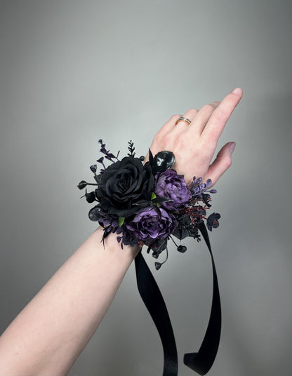 Black Dark Purple Corsage, Wedding Gothic Wrist Corsage Bridesmaids, Plum Wristlet Prom Corsage Floral Reddit