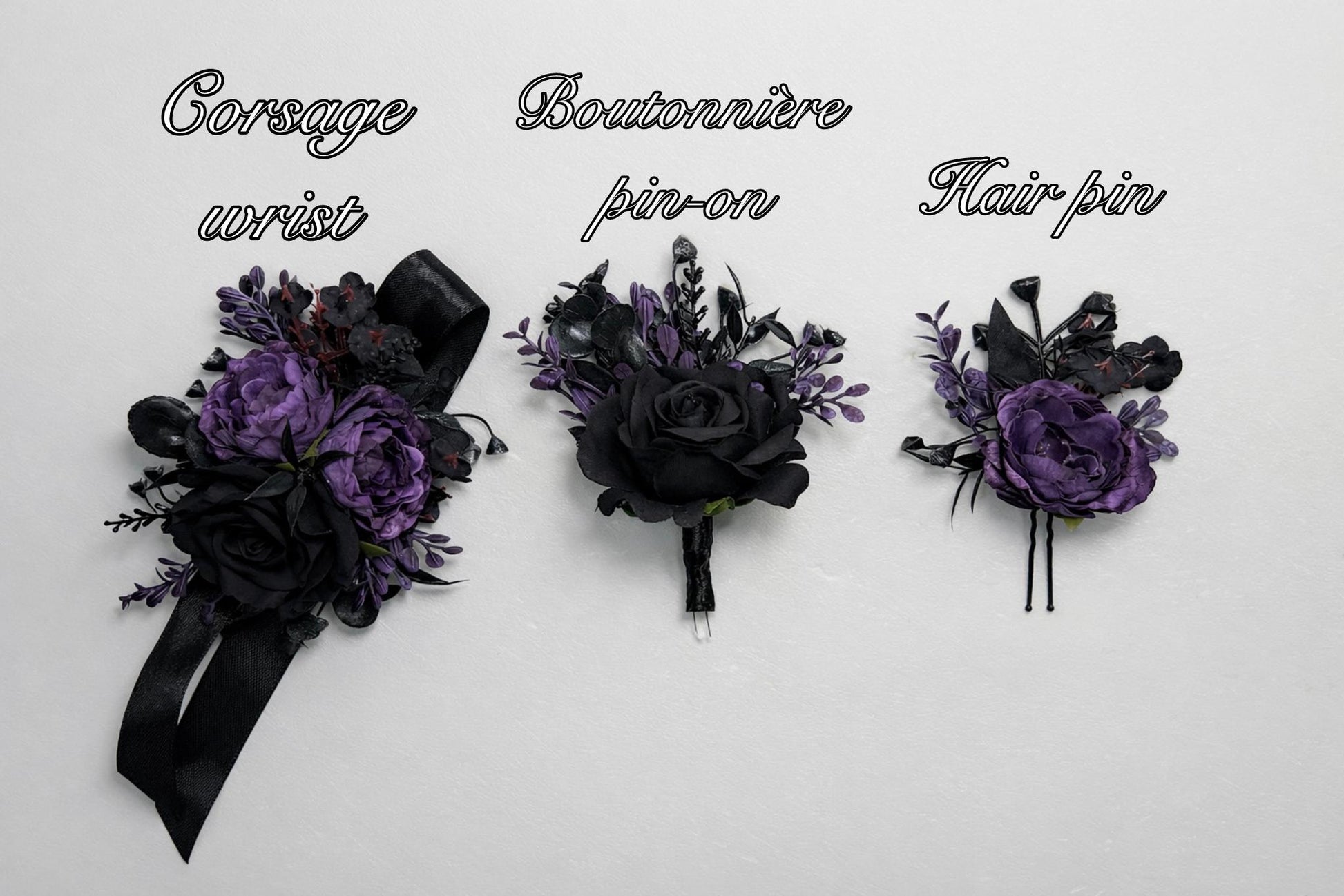 Black Dark Purple Boutonnière, Wedding Groom Gothic Pin-on Boutonnière, Groomsmen Plum Lapel Flower Buttonhole