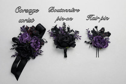 Black Dark Purple Boutonnière, Wedding Groom Gothic Pin-on Boutonnière, Groomsmen Plum Lapel Flower Buttonhole