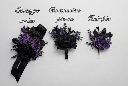 Black Dark Purple Boutonnière, Wedding Groom Gothic Pin-on Boutonnière, Groomsmen Plum Lapel Flower Buttonhole