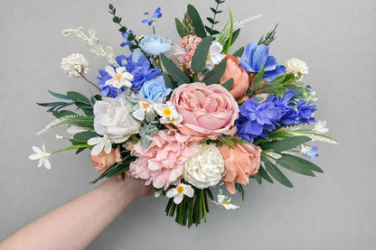 Pastel Bridal Bouquet, Peach Blush Wildflower Wedding Bouquet, Garden Style Bridal Flowers, Spring Blue Rustic Bridesmaids Bouquet Reddit