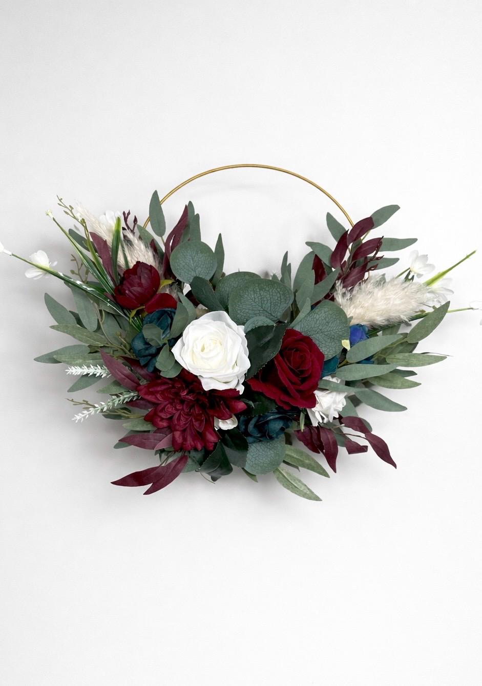 Burgundy Teal Floral Hoop, Wedding Bridesmaids White Dark Teal Blue, Alternative Bouquet, Floral Ring Bouquet Reddit
