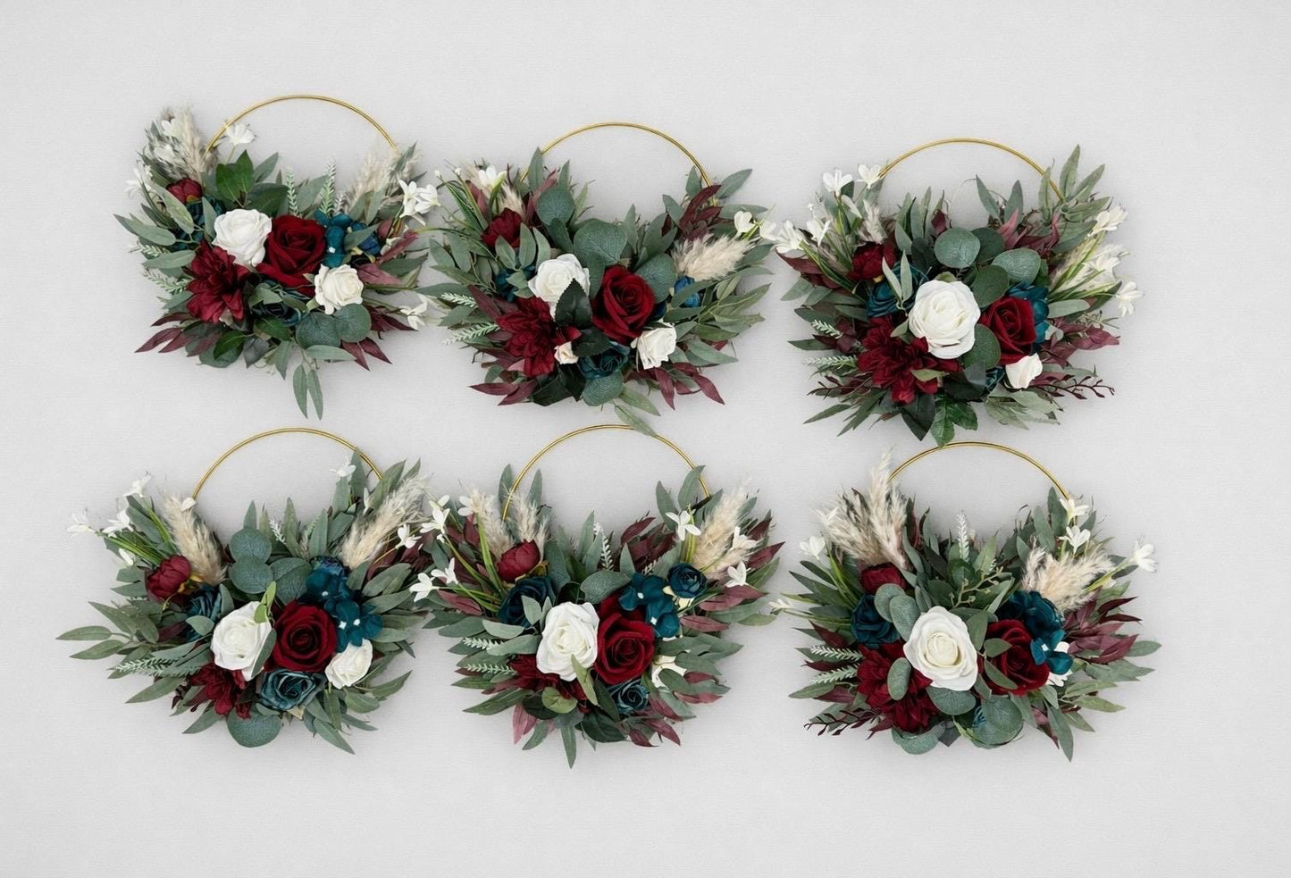 Burgundy Teal Floral Hoop, Wedding Bridesmaids White Dark Teal Blue, Alternative Bouquet, Floral Ring Bouquet