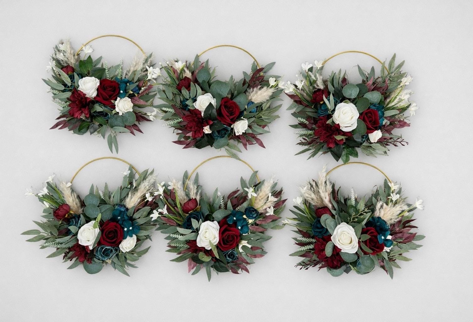 Burgundy Teal Floral Hoop, Wedding Bridesmaids White Dark Teal Blue, Alternative Bouquet, Floral Ring Bouquet