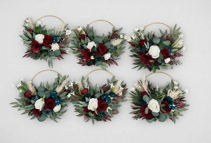 Burgundy Teal Floral Hoop, Wedding Bridesmaids White Dark Teal Blue, Alternative Bouquet, Floral Ring Bouquet