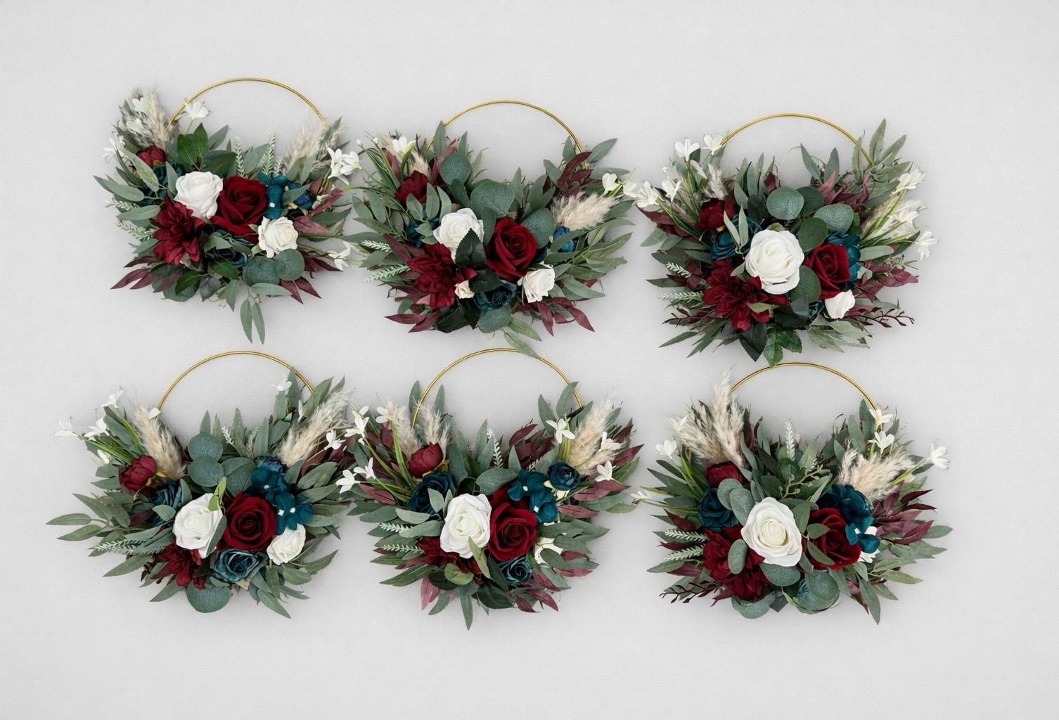 Burgundy Teal Floral Hoop, Wedding Bridesmaids White Dark Teal Blue, Alternative Bouquet, Floral Ring Bouquet