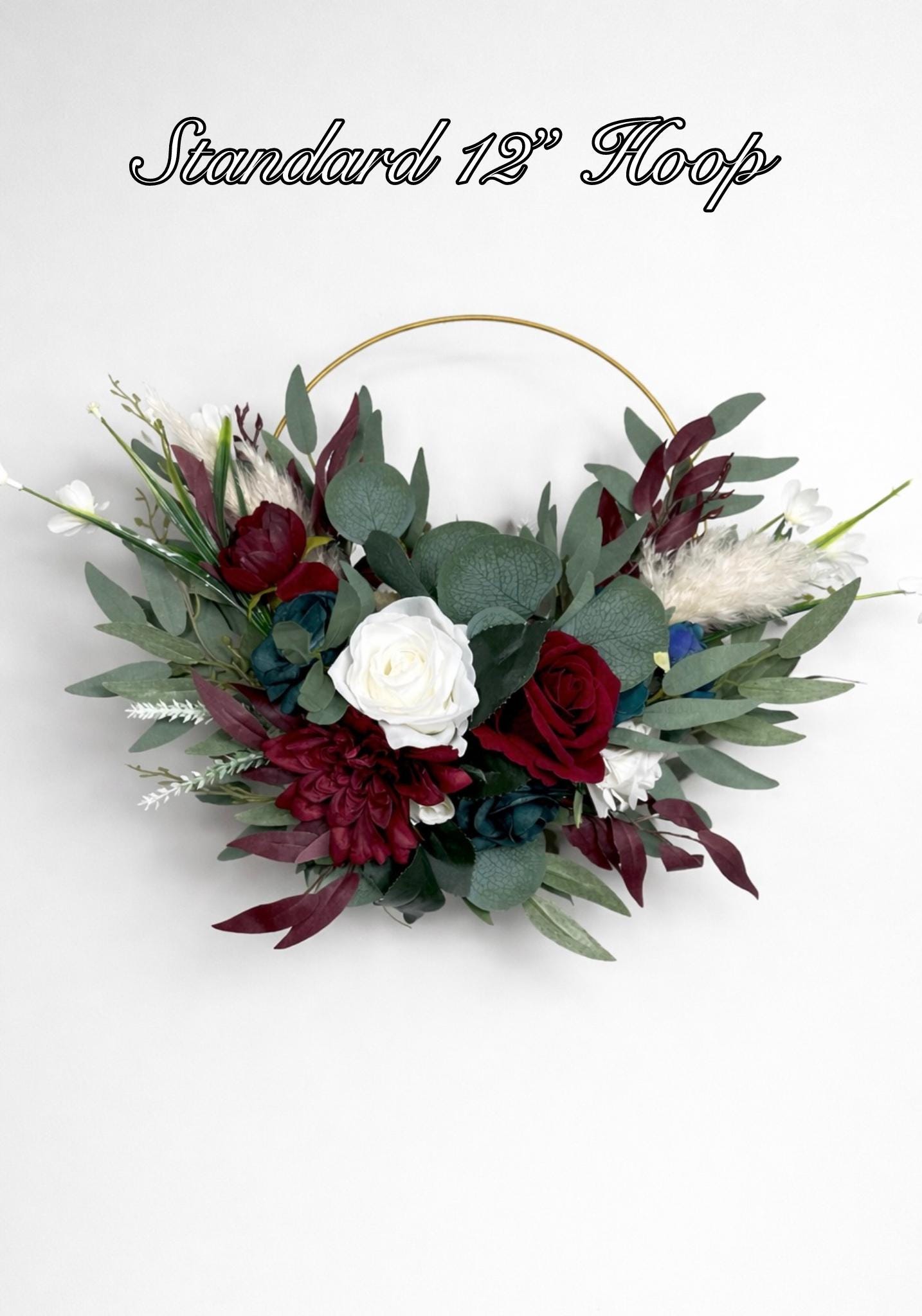 Burgundy Teal Floral Hoop, Wedding Bridesmaids White Dark Teal Blue, Alternative Bouquet, Floral Ring Bouquet