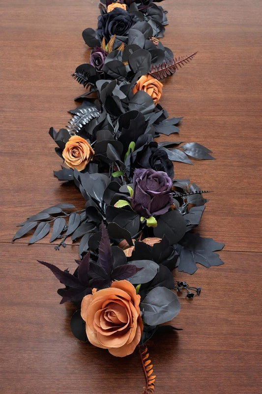 Black Orange Garland, Wedding Plum Gothic Table Runner, Halloween Black Dark Purple Table Decor, Centerpiece Garland Black Eucalyptus