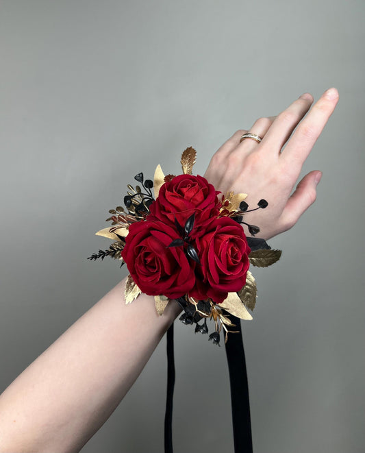 Red Gold Corsage, Wedding Bridesmaids Gothic Wrist Corsage, Dark Red Rose Black Wristlet Flower Artificial