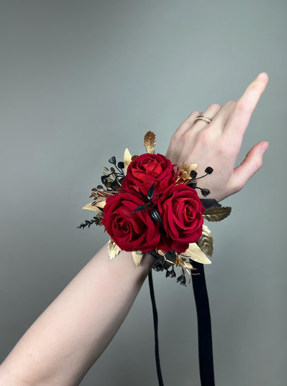 Red Gold Corsage, Wedding Bridesmaids Gothic Wrist Corsage, Dark Red Rose Black Wristlet Flower Artificial Reddit