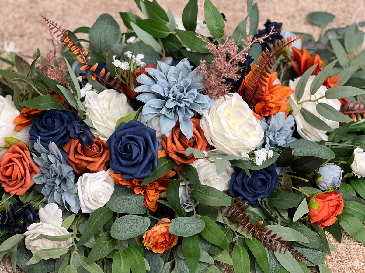 Blue Terracotta Arch Arrangement , Wedding Burnt Orange Dusty Blue Arbor Arrangements, Rustic Rust White Navy Blue Backdrop Flowers Reddit