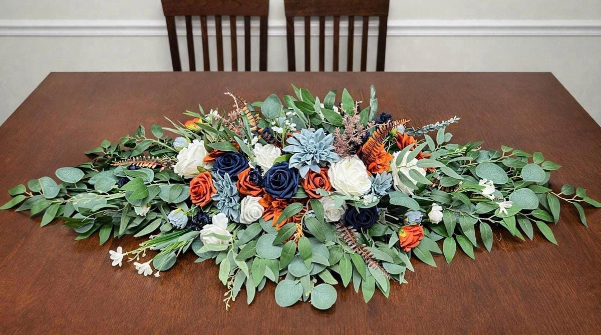 Blue Terracotta Arch Arrangement , Wedding Burnt Orange Dusty Blue Arbor Arrangements, Rustic Rust White Navy Blue Backdrop Flowers Reddit