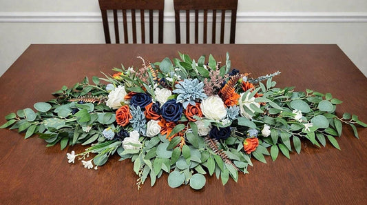 Blue Terracotta Centerpiece, Wedding Burnt Orange Dusty Blue Sweetheart, Rustic Rust White Navy Blue Table Decor