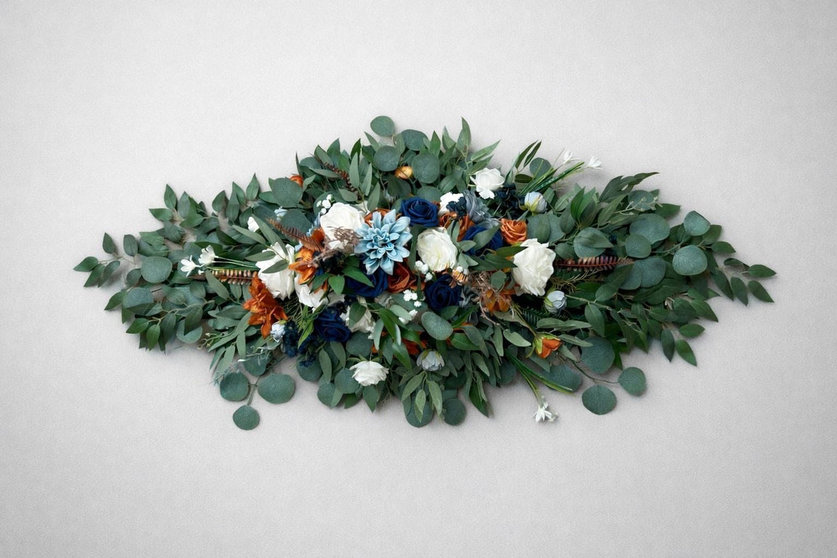 Blue Terracotta Arch Arrangement , Wedding Burnt Orange Dusty Blue Arbor Arrangements, Rustic Rust White Navy Blue Backdrop Flowers Reddit