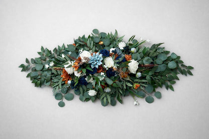 Blue Terracotta Arch Arrangement , Wedding Burnt Orange Dusty Blue Arbor Arrangements, Rustic Rust White Navy Blue Backdrop Flowers Reddit