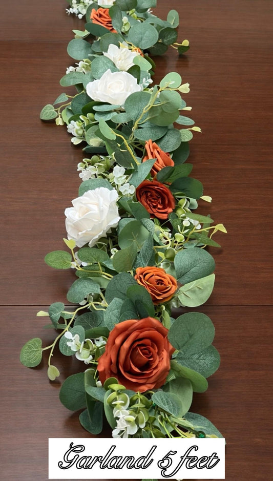 Terracotta White Garland, Wedding Burnt Orange Table Runner, Ivory Rust Table Decor, Centerpiece Garland Sage Green Eucalyptus