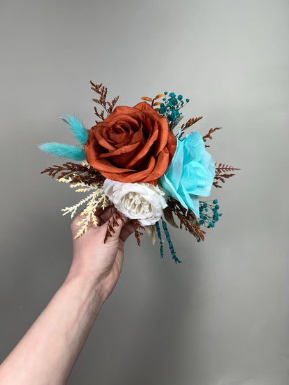 Burnt Orange Turquoise Cake Flowers, Rust Teal Blue Wedding Cake Decor, Boho Cake Topper Flowers, Fall Wedding Cake Floral Arrangement