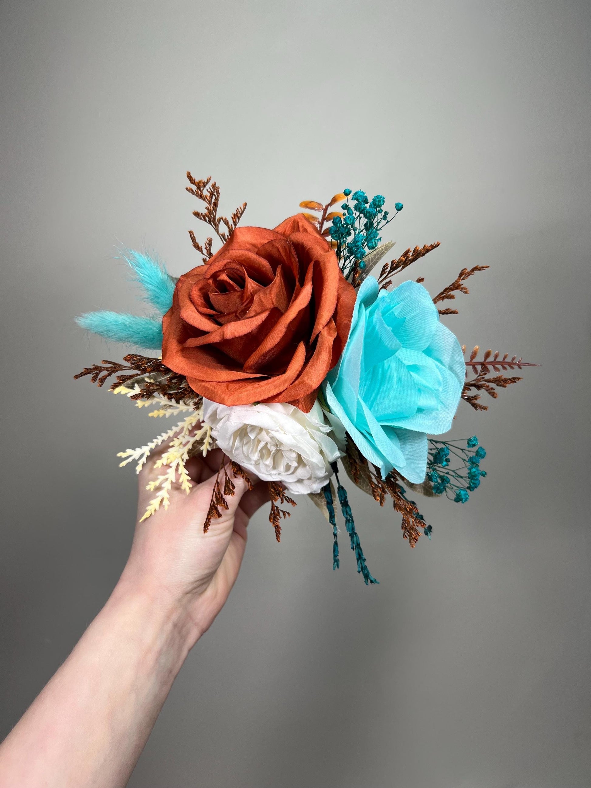 Burnt Orange Turquoise Cake Flowers, Rust Teal Blue Wedding Cake Decor, Boho Cake Topper Flowers, Fall Wedding Cake Floral Arrangement