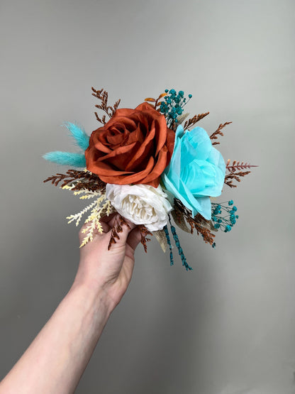 Burnt Orange Turquoise Cake Flowers, Rust Teal Blue Wedding Cake Decor, Boho Cake Topper Flowers, Fall Wedding Cake Floral Arrangement