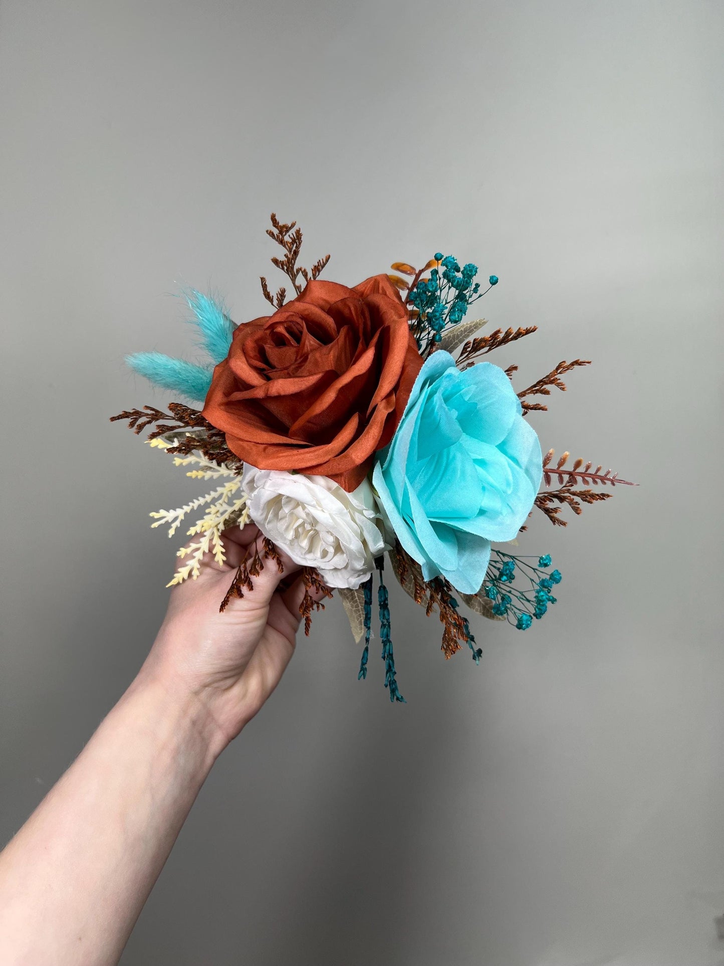 Burnt Orange Turquoise Cake Flowers, Rust Teal Blue Wedding Cake Decor, Boho Cake Topper Flowers, Fall Wedding Cake Floral Arrangement