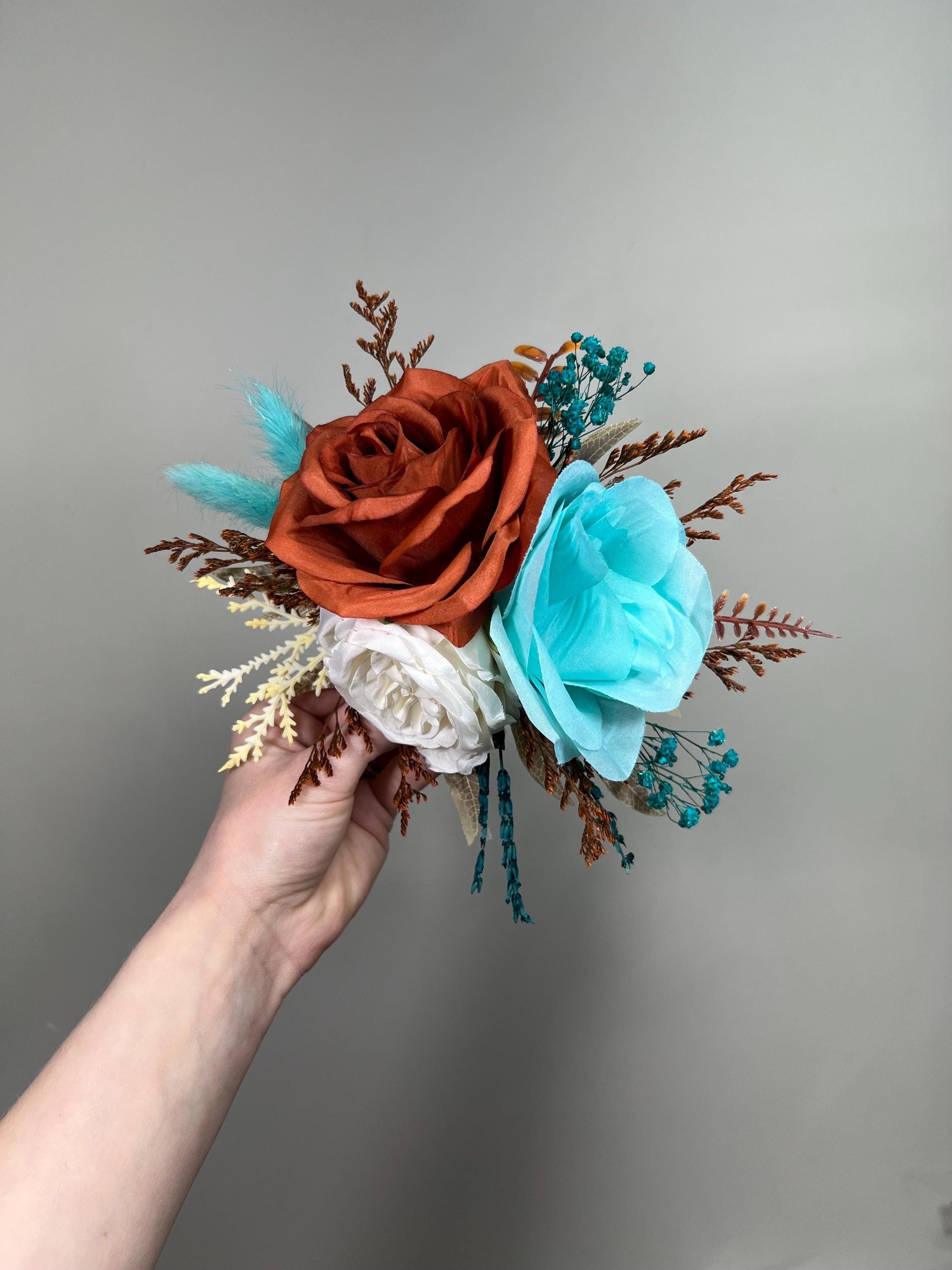 Burnt Orange Turquoise Cake Flowers, Rust Teal Blue Wedding Cake Decor, Boho Cake Topper Flowers, Fall Wedding Cake Floral Arrangement