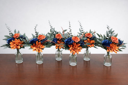 Orange Blue Wedding Centerpiece, Mini Bouquets for Bud Vase, Fall Terracotta Navy Blue Table Decor, Small Centerpiece Rustic