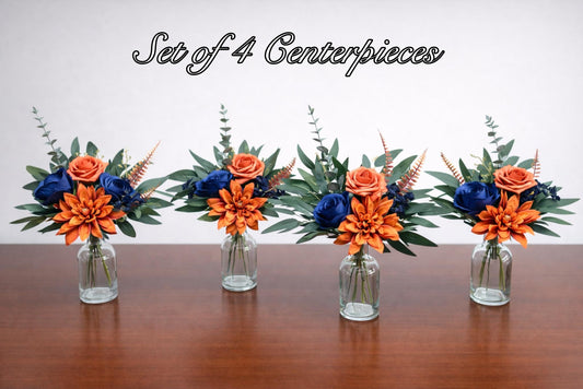 Orange Blue Wedding Centerpiece, Mini Bouquets for Bud Vase, Fall Terracotta Navy Blue Table Decor, Small Centerpiece Rustic