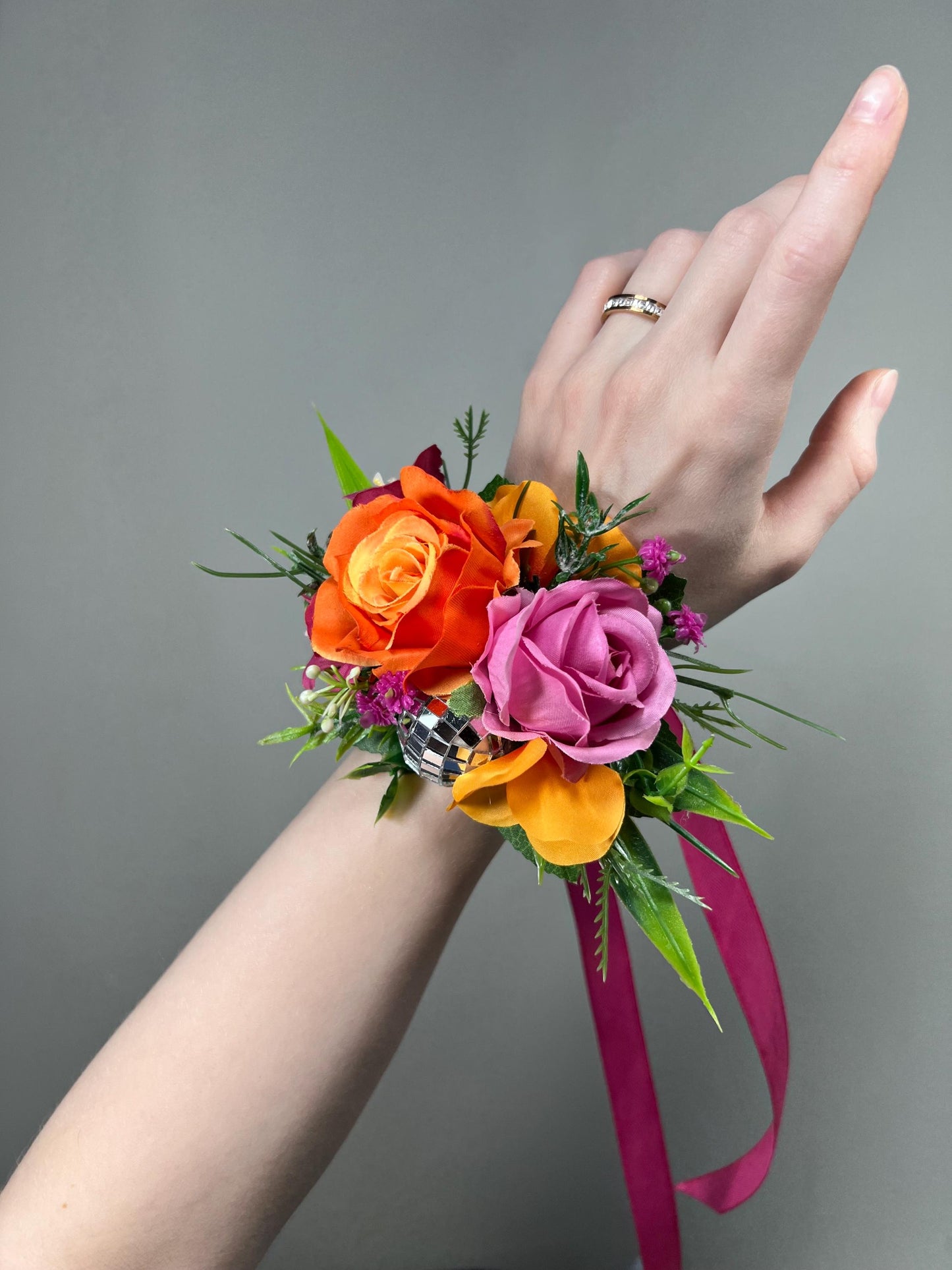Hot Pink Orange Wrist Corsage with Disco Ball, Disco Wedding Corsage, Retro Bridesmaid Corsage, Prom Corsage, Colorful Party Wristlet