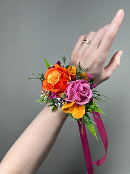 Hot Pink Orange Wrist Corsage with Disco Ball, Disco Wedding Corsage, Retro Bridesmaid Corsage, Prom Corsage, Colorful Party Wristlet