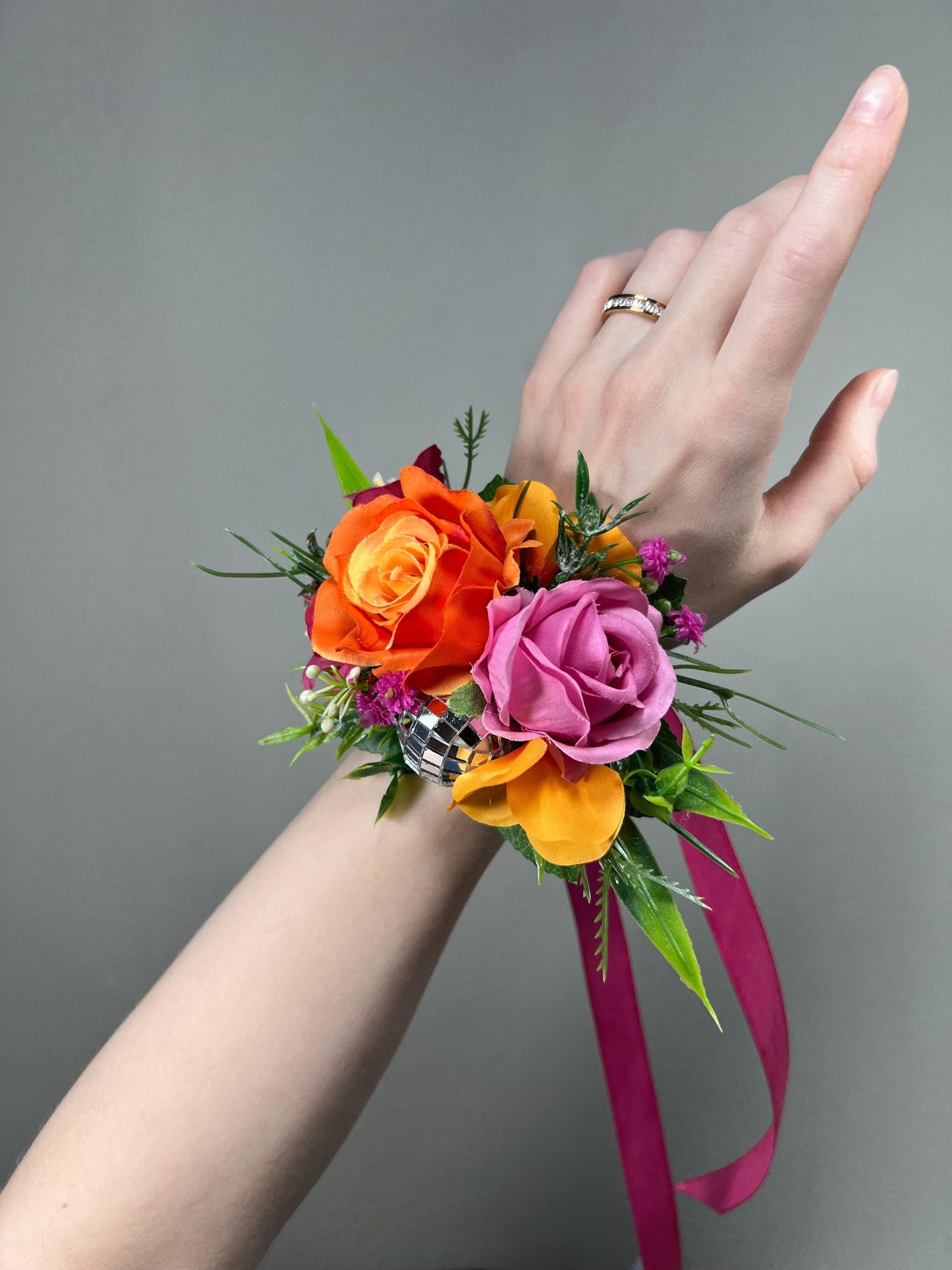 Hot Pink Orange Wrist Corsage with Disco Ball, Disco Wedding Corsage, Retro Bridesmaid Corsage, Prom Corsage, Colorful Party Wristlet