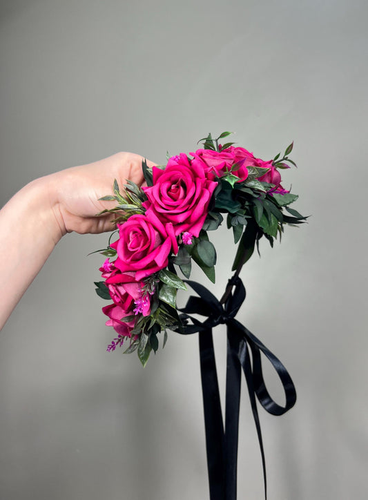 Hot Pink Flower Crown, Fuchsia Bridal Headpiece, Pink Rose Flower Crown, Wedding Hair Wreath, Magenta Floral Crown Artificial