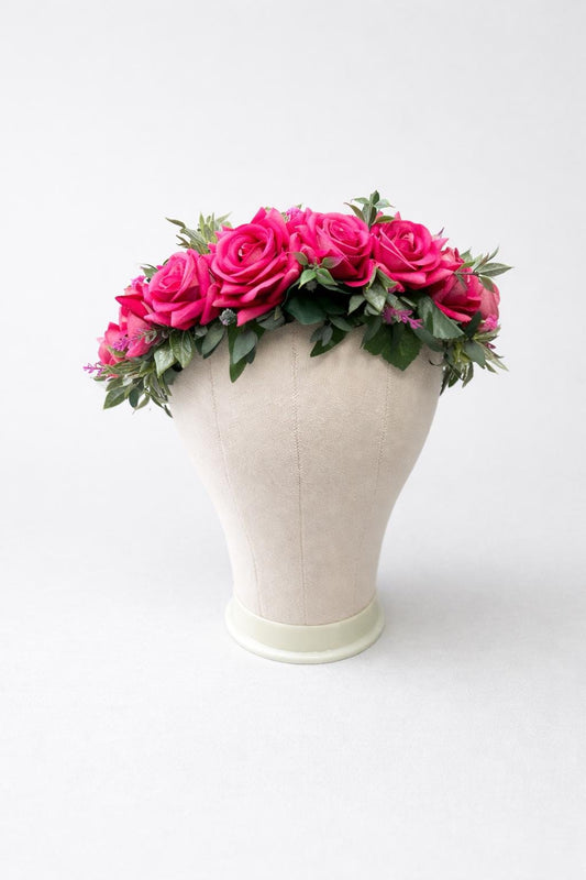 Hot Pink Flower Crown, Fuchsia Bridal Headpiece, Pink Rose Flower Crown, Wedding Hair Wreath, Magenta Floral Crown Artificial