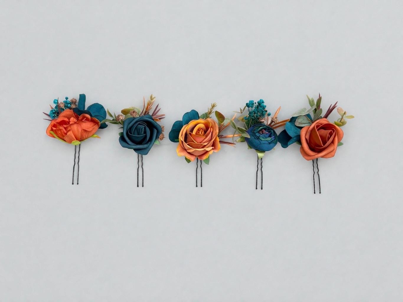 Burnt Orange Teal Hair Pin, Rustic Wedding Hair Accessories, Bridal Floral Dark Teal Terracotta Hair Pins, Bridesmaid Hairpiece Teal Blue