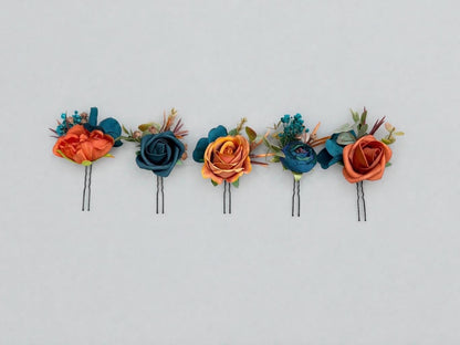 Burnt Orange Teal Hair Pin, Rustic Wedding Hair Accessories, Bridal Floral Dark Teal Terracotta Hair Pins, Bridesmaid Hairpiece Teal Blue