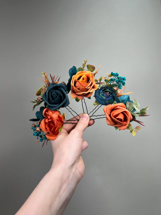 Burnt Orange Teal Hair Pin, Rustic Wedding Hair Accessories, Bridal Floral Dark Teal Terracotta Hair Pins, Bridesmaid Hairpiece Teal Blue