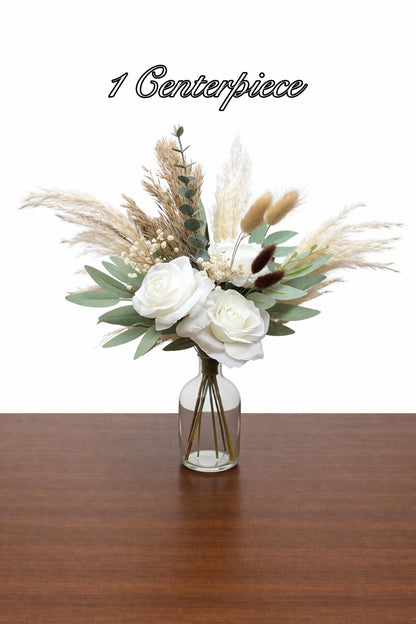 White Wedding Centerpiece, Boho White Rose Table Centerpiece for Bud Vase, Pampas Grass Reception Table Flowers, Natural Eucalyptus Greenery