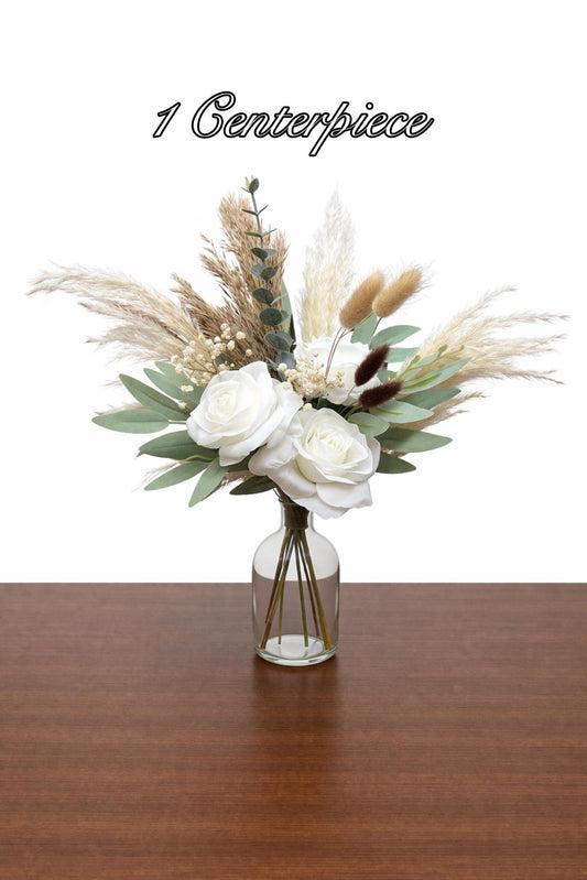 White Wedding Centerpiece, Boho White Rose Table Centerpiece for Bud Vase, Pampas Grass Reception Table Flowers, Natural Eucalyptus Greenery