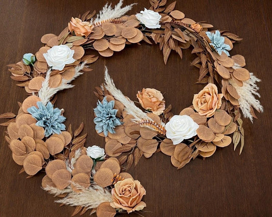 Orange Blue Garland, Wedding Boho Table Runner, Dusty Blue Terracotta Table Decor, Centerpiece Garland Pampas Grass White Burnt Orange 6 ft