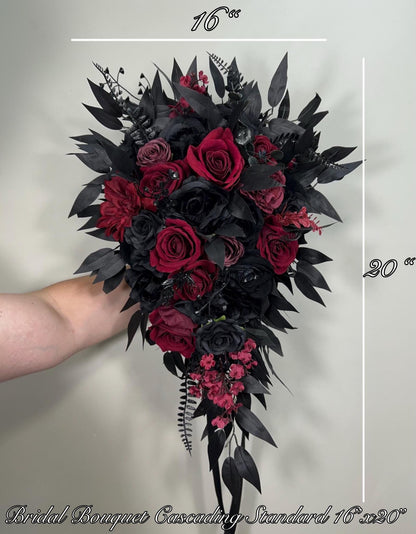 Black Burgundy Cascading Bouquet, Bridal Gothic Bouquet, Black Calla Lily Cascade Bouquet, Moody Halloween Bridesmaid Flowers Artificial