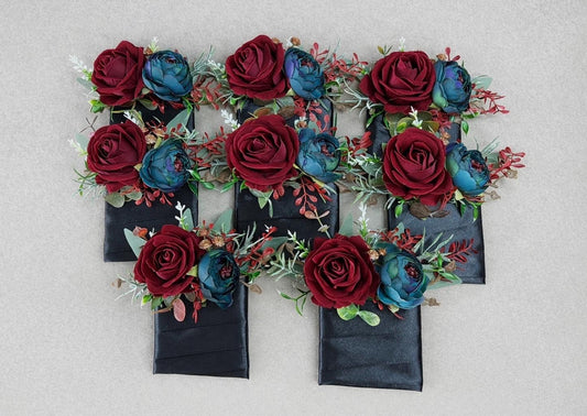 Burgundy Teal Pocket Boutonnière, Wedding Groom Teal Blue Boutonnière, Groomsmen Dark Teal Maroon Square Boutonnière