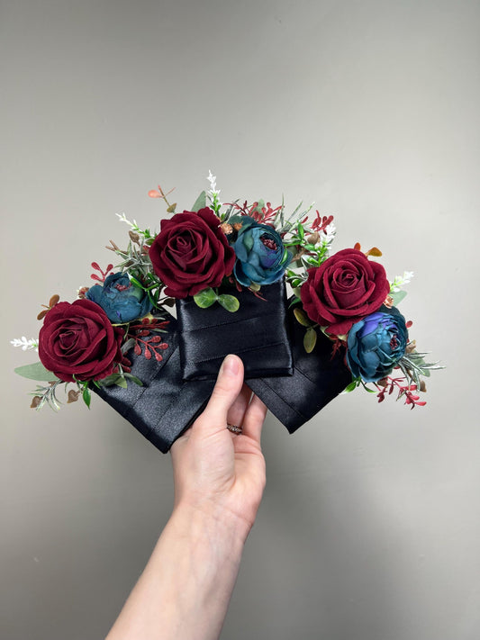 Burgundy Teal Pocket Boutonnière, Wedding Groom Teal Blue Boutonnière, Groomsmen Dark Teal Maroon Square Boutonnière