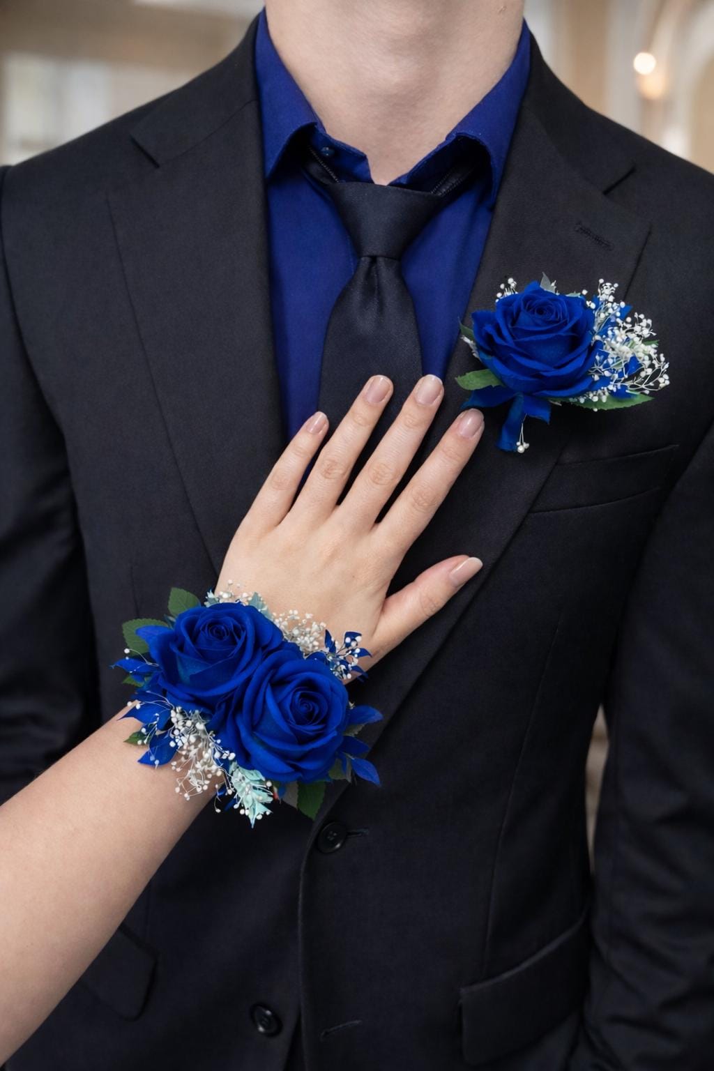 Royal Blue Corsage, Wedding Blue Wrist Corsage, Prom Royal Blue Corsage, Bridesmaids Wristlet Baby Breath
