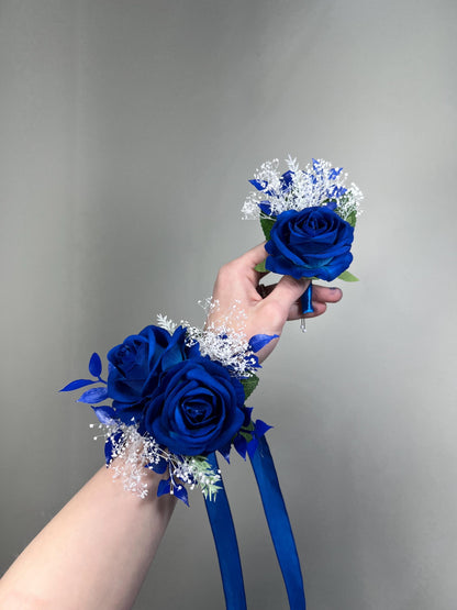 Royal Blue Corsage, Wedding Blue Wrist Corsage, Prom Royal Blue Corsage, Bridesmaids Wristlet Baby Breath