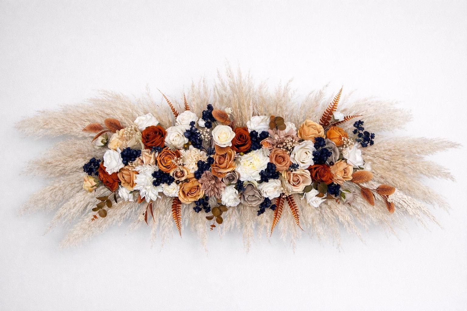 Wedding Terracotta Arch Arrangement Navy Blue Boho Burnt Orange Cinnamon Brown Rust Aisle Arrangement Swag Pampas Grass Decor Wall Fall