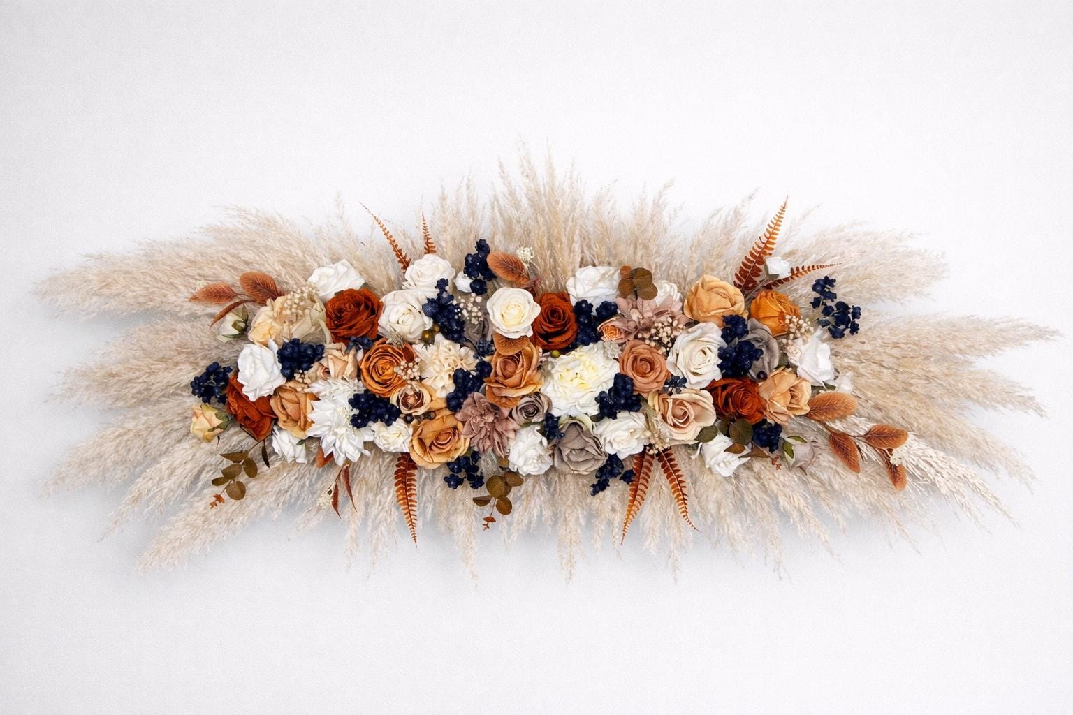 Orange Navy Blue Arch Flowers, Terracotta Dark Blue Wedding Arbor Arrangement, Boho Fall Floral Swag, Ceremony Backdrop Pampas Grass Reddit